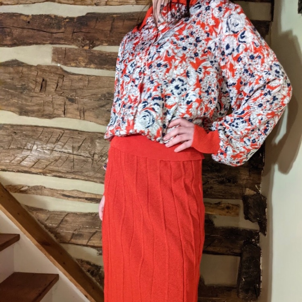 Vtg Two Piece Red Skirt + Matching Floral Blouse